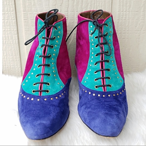 Multicolored Suede Color Block lace Ankle Booties - Picture 2 of 9